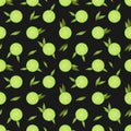 Vector seamless pattern with round lime slices and green leaves on black color Royalty Free Stock Photo